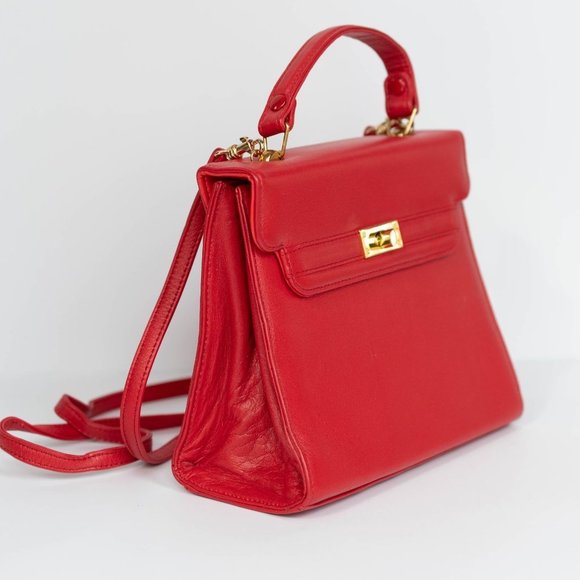 Small Structured Crossbody Purse, Satchel, Red w Gold Hardware & Removable Strap - Picture 2 of 7
